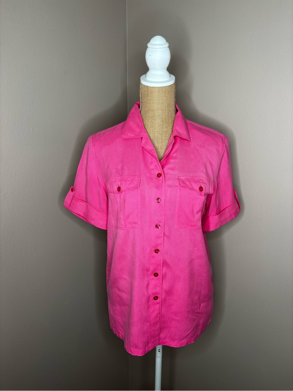 Vintage Anna and Frank Hot Pink/Fuscia Silk Button Down Sz M Pinkmas Retro Prep